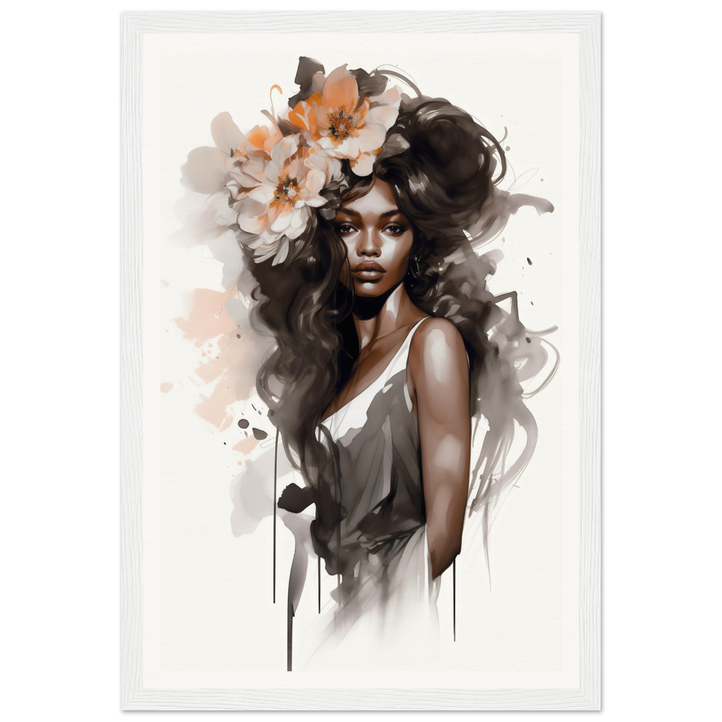Artistic portrait of a woman with flowing dark hair adorned with flowers.