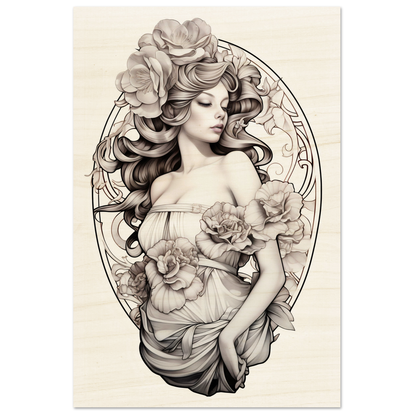 Elegant Art Nouveau-style illustration of a woman adorned with flowing hair and floral elements.