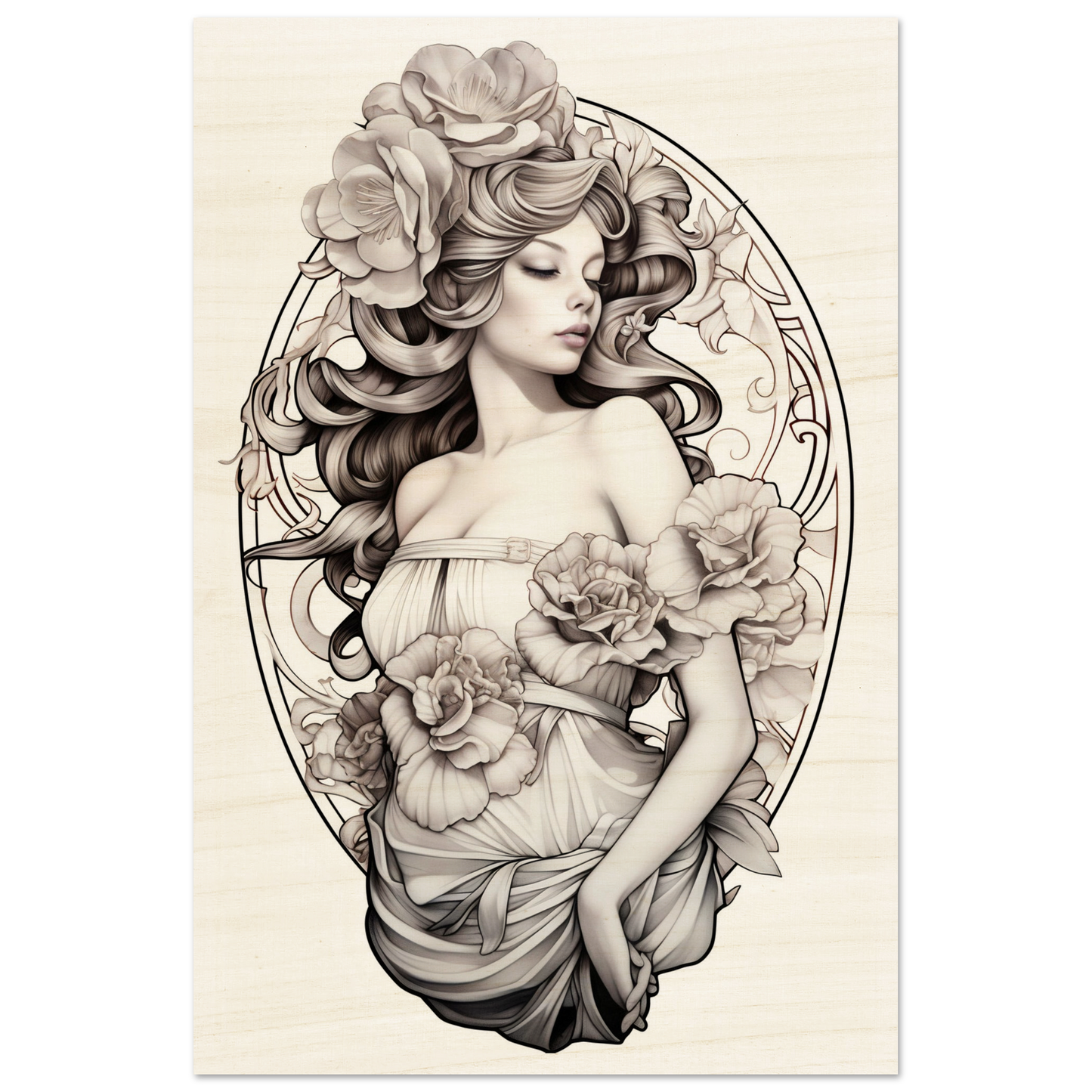 Elegant Art Nouveau-style illustration of a woman adorned with flowing hair and roses.