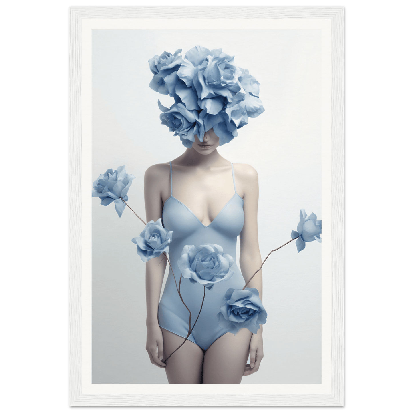 Surreal figure with a blue floral head and body wearing a pale blue bodysuit adorned with roses.
