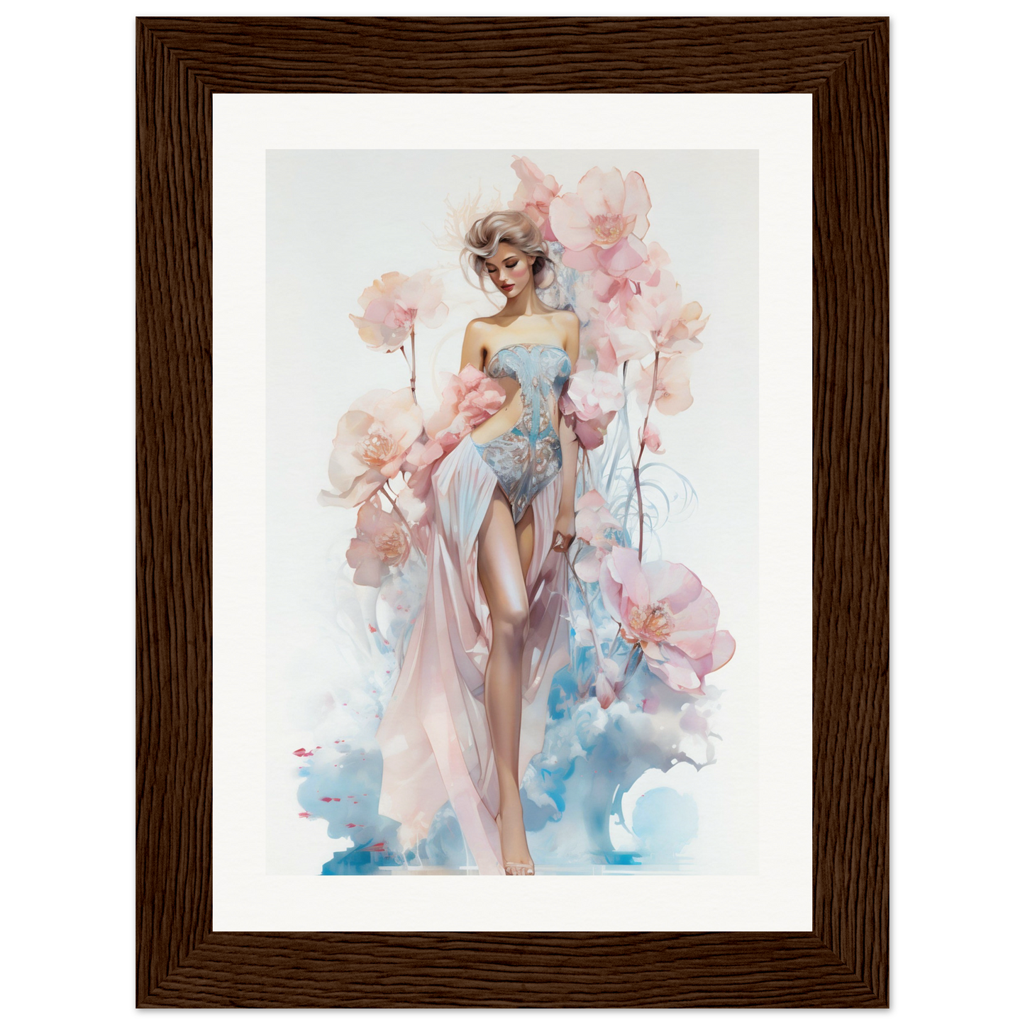 Watercolor painting of a stylized female figure surrounded by soft pink floral elements.