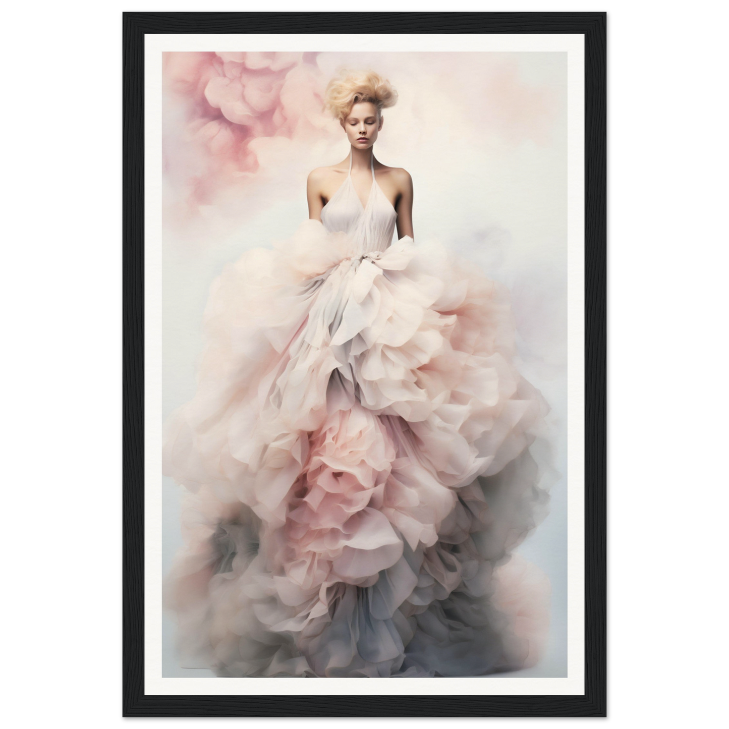 Elegant woman in a flowing, ethereal white and pink gown.