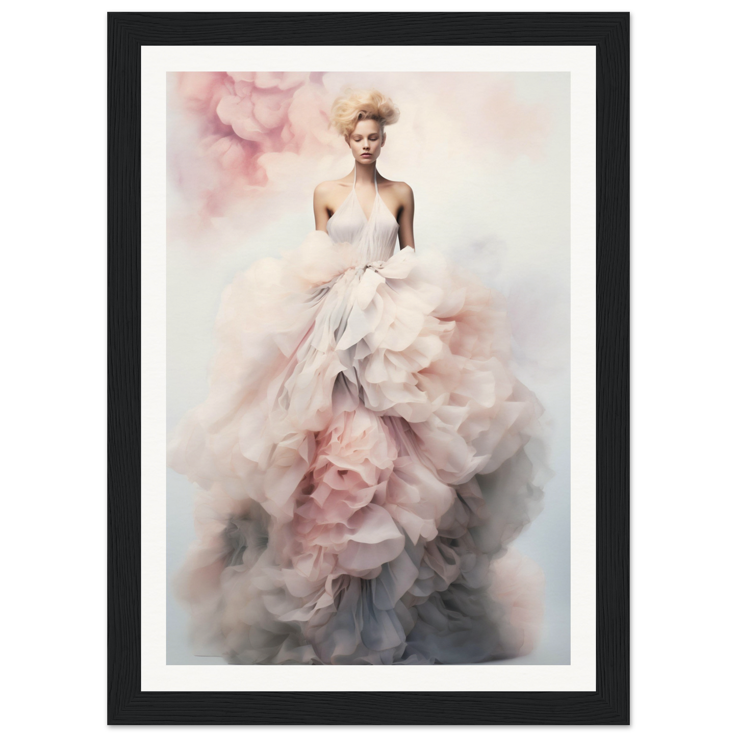 Ethereal figure in a flowing, voluminous pale pink gown with ruffled layers.