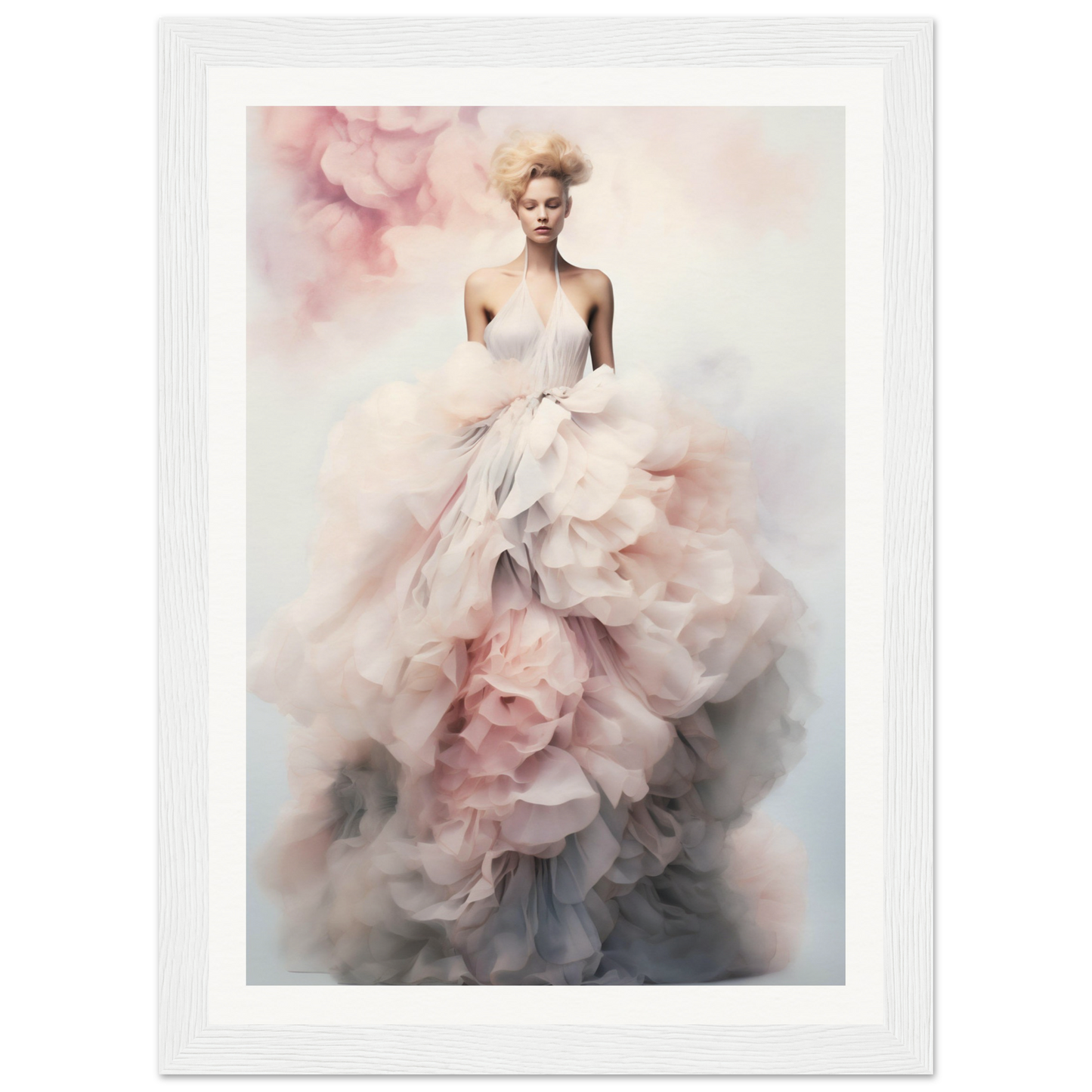 Ethereal figure in a voluminous, flowing pink and white gown.