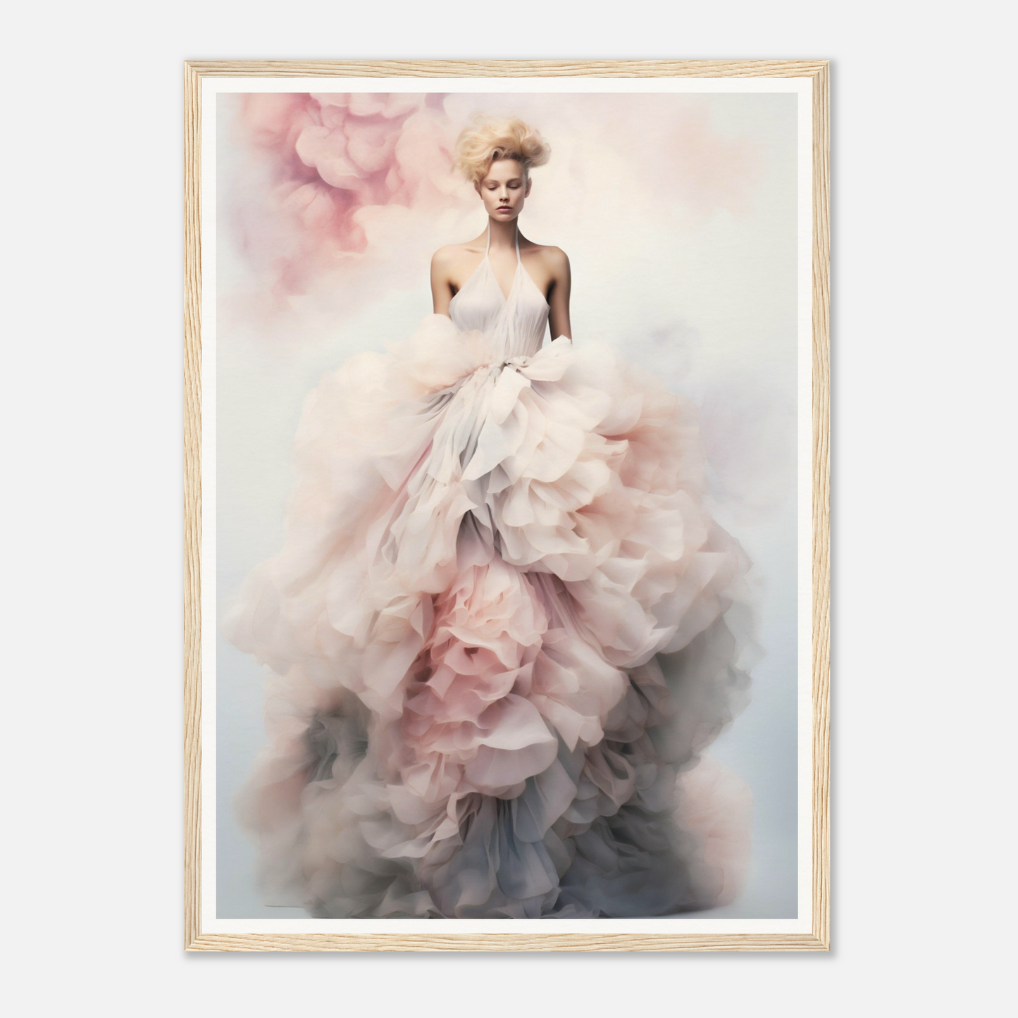 Ethereal figure in a flowing, voluminous gown with soft pink and gray tones.