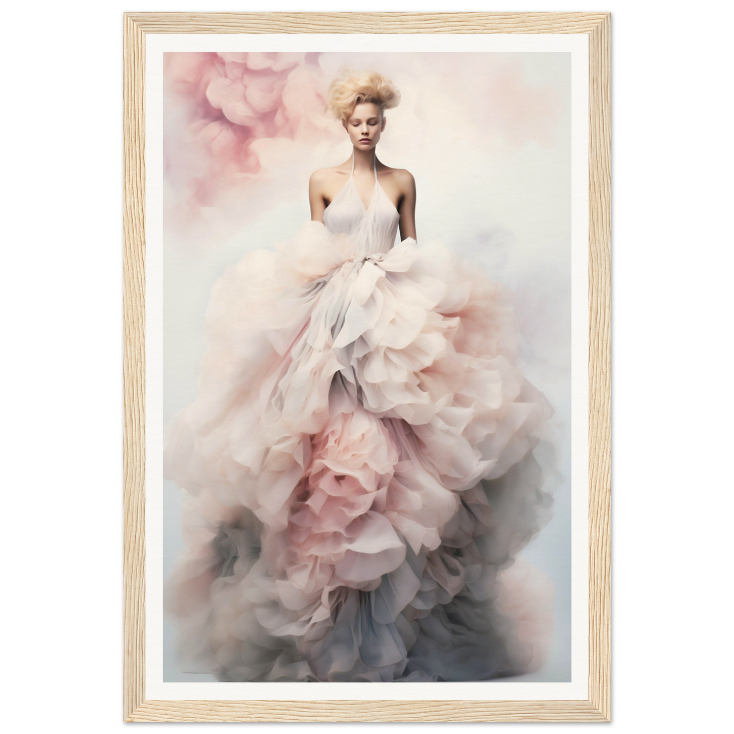 Ethereal figure in a flowing, multi-layered white and pink gown.
