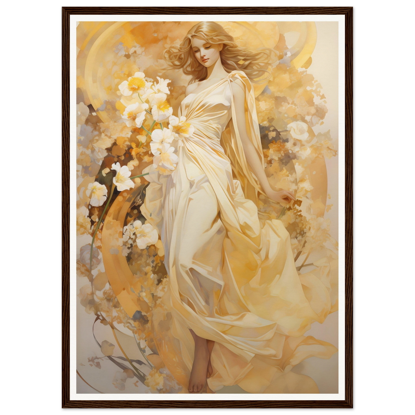 Painting of an ethereal woman in flowing white dress surrounded by flowers.