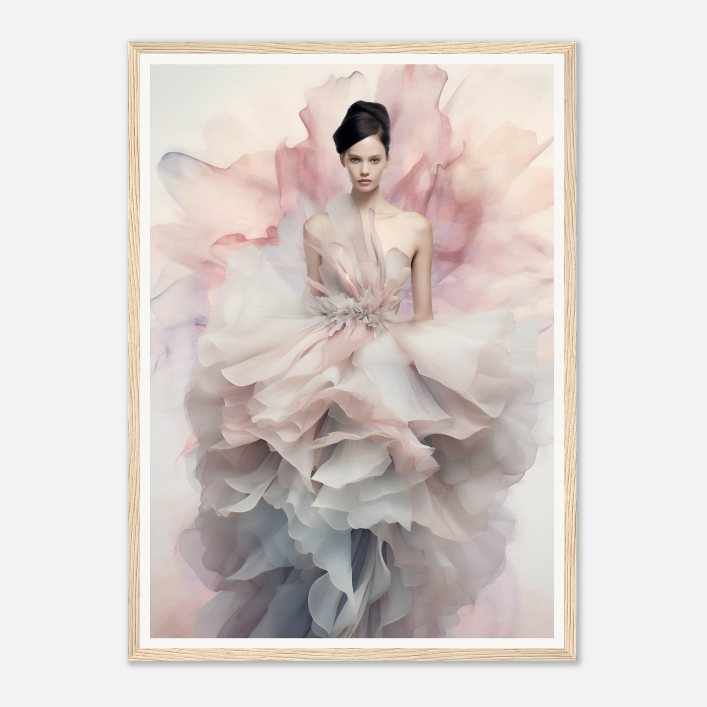 Ethereal figure in a flowing, petal-like gown with soft pink and gray tones.