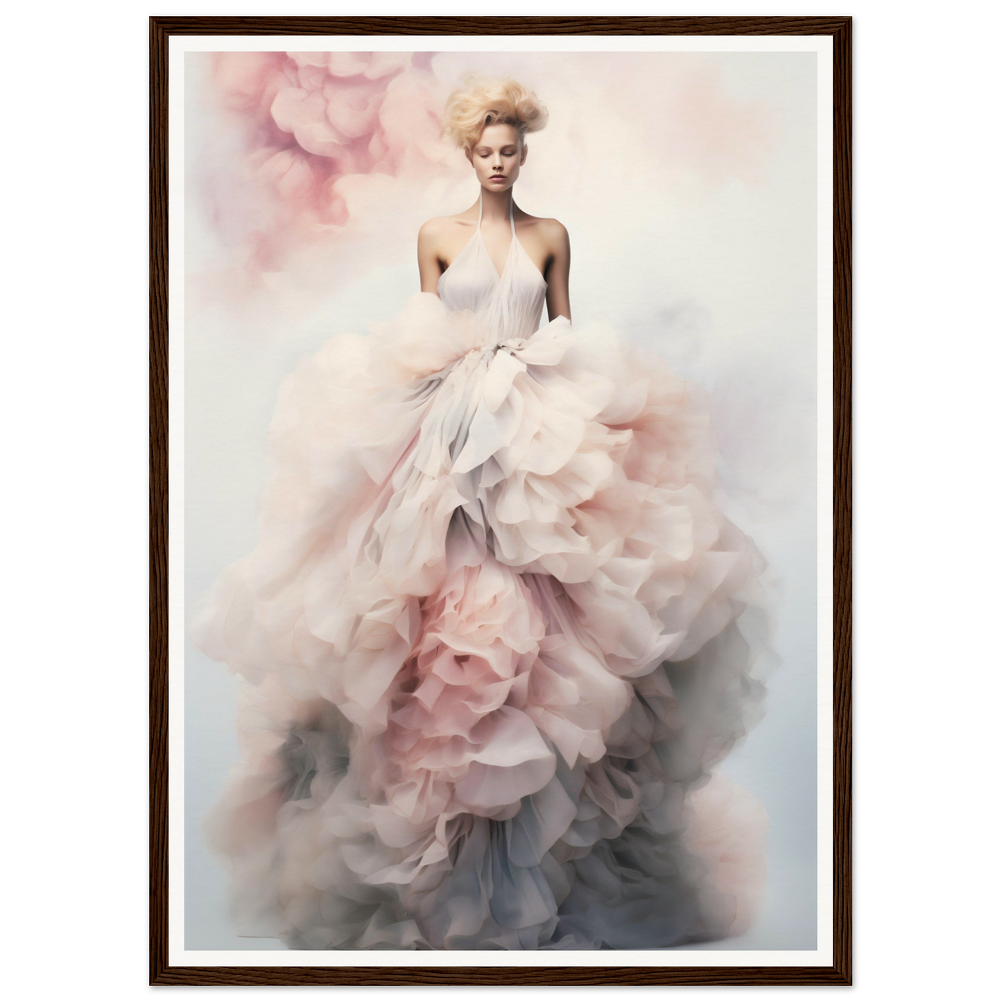 Elegant woman in a voluminous, ethereal pink and white gown.
