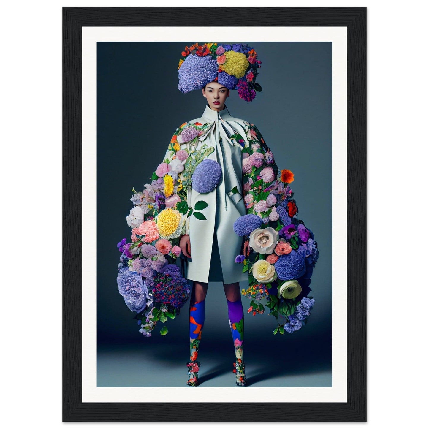 Elaborately dressed figure adorned with vibrant flowers and a dramatic floral headpiece.