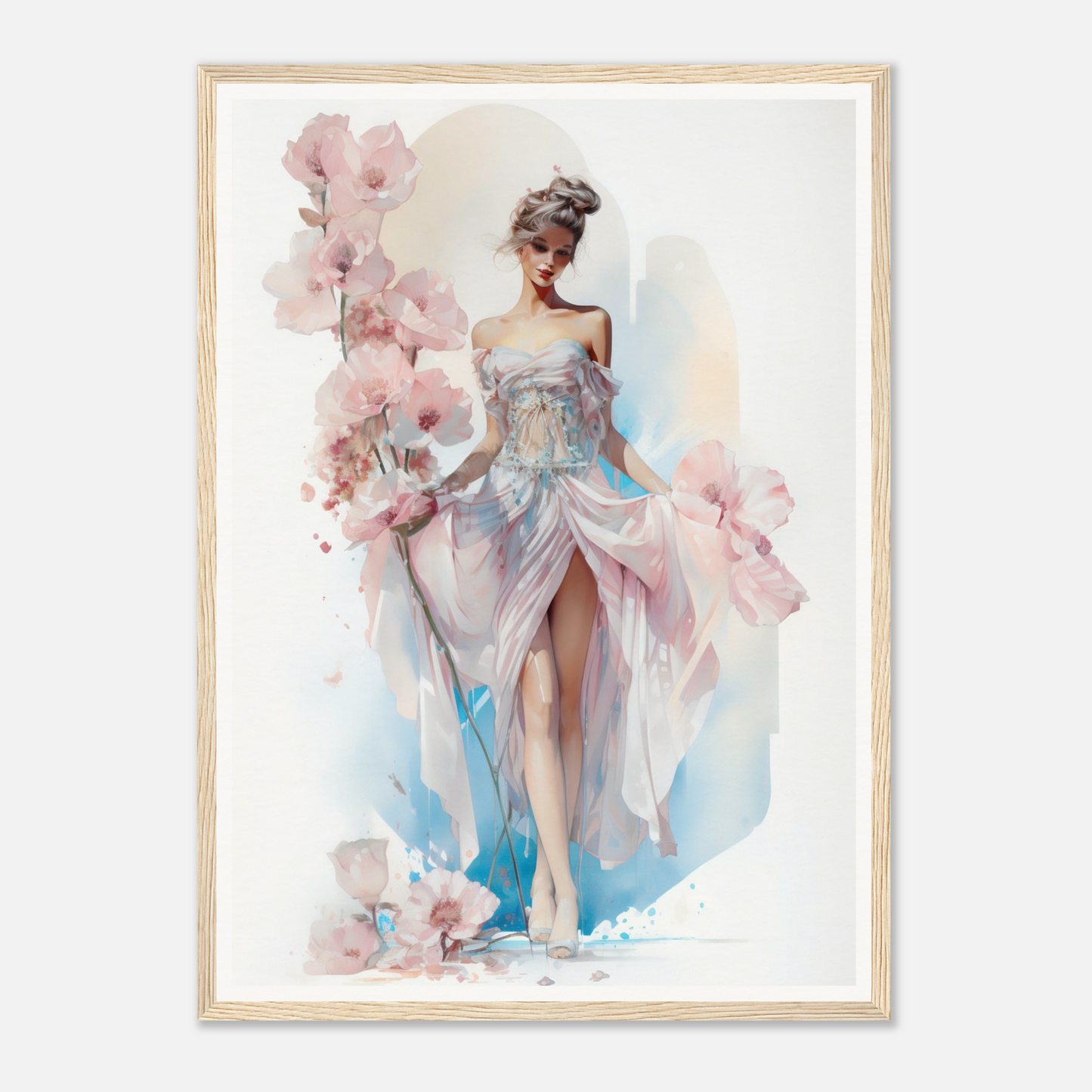 Elegant woman in a flowing pastel gown surrounded by delicate pink flowers.