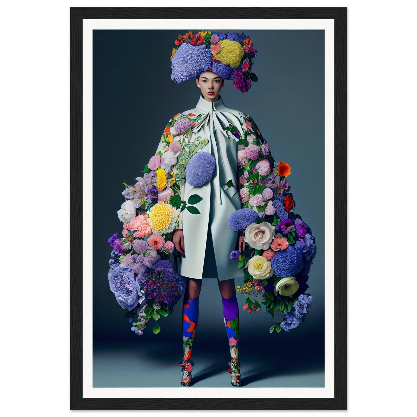 Elaborately costumed figure adorned with vibrant floral arrangements from head to toe.