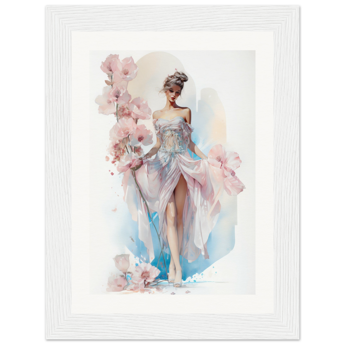 Watercolor painting of an elegant woman in a flowing blue and white dress surrounded by pink flowers.