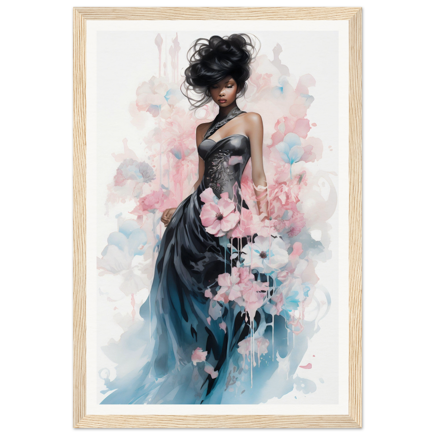 Elegant woman in a flowing gown adorned with soft floral elements.
