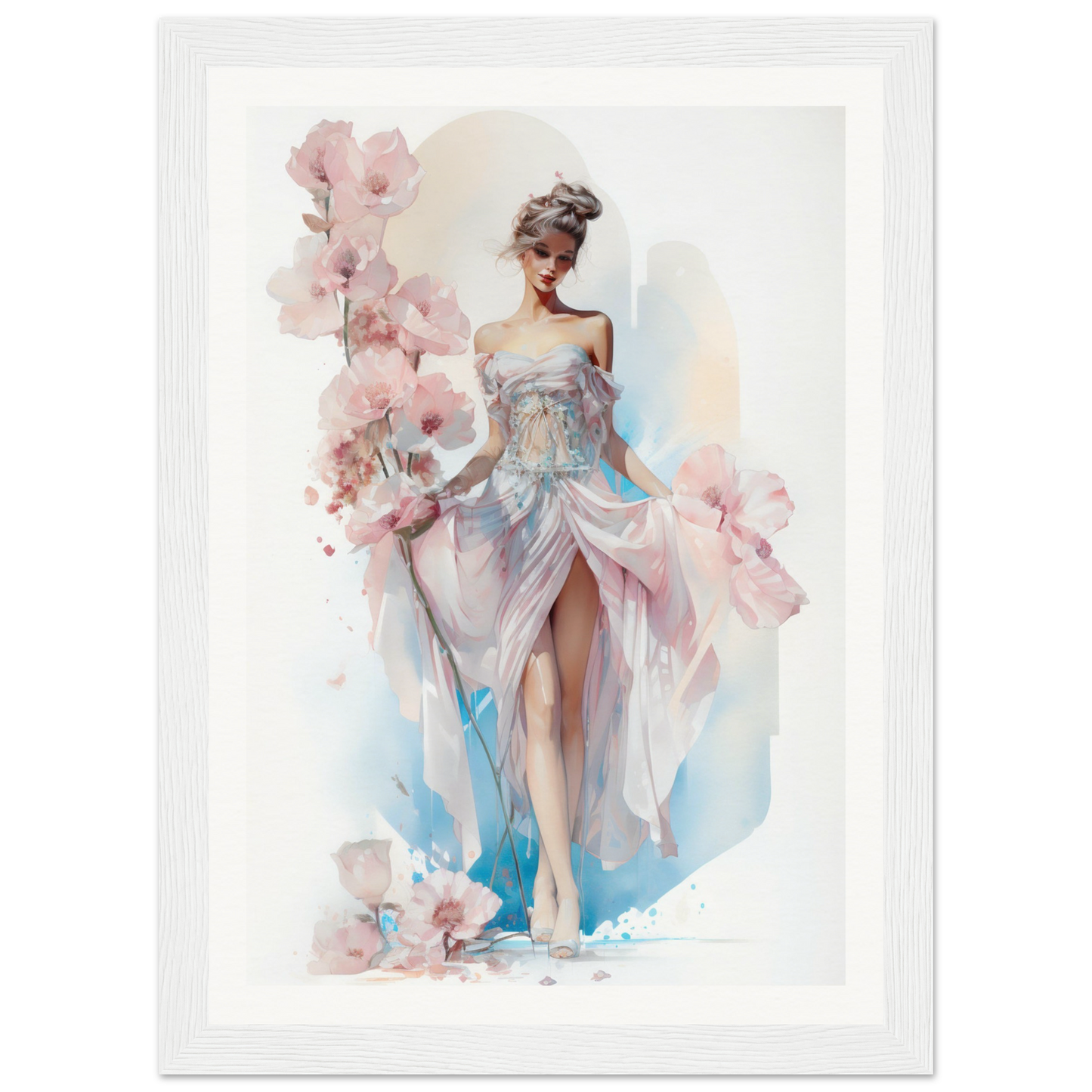 Watercolor painting of a woman in a flowing dress surrounded by pink flowers.