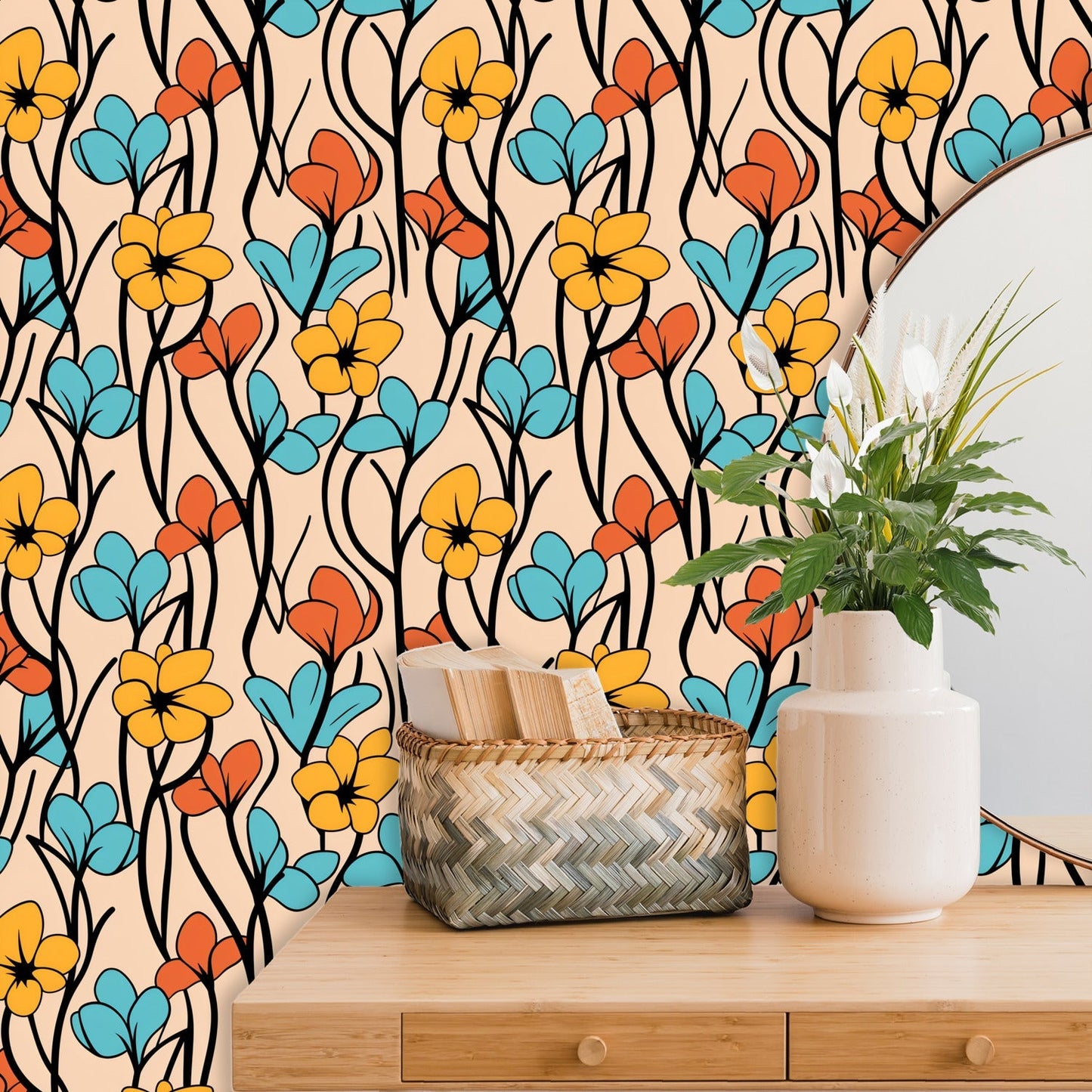 Vibrant floral wallpaper with stylized yellow, blue, and orange flowers on a peach background.