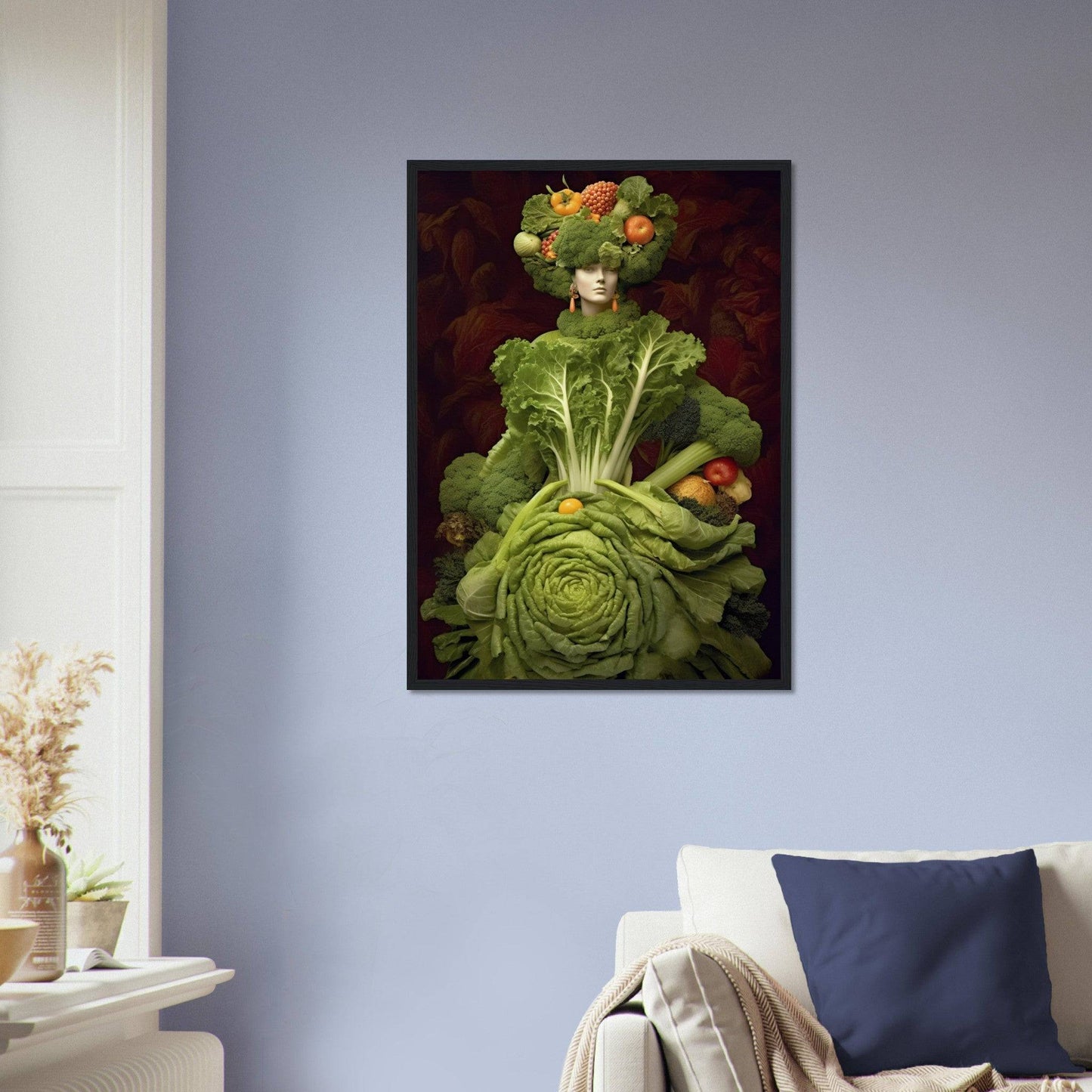 Portrait composed entirely of various fruits and vegetables, arranged to resemble a human figure in elaborate dress.