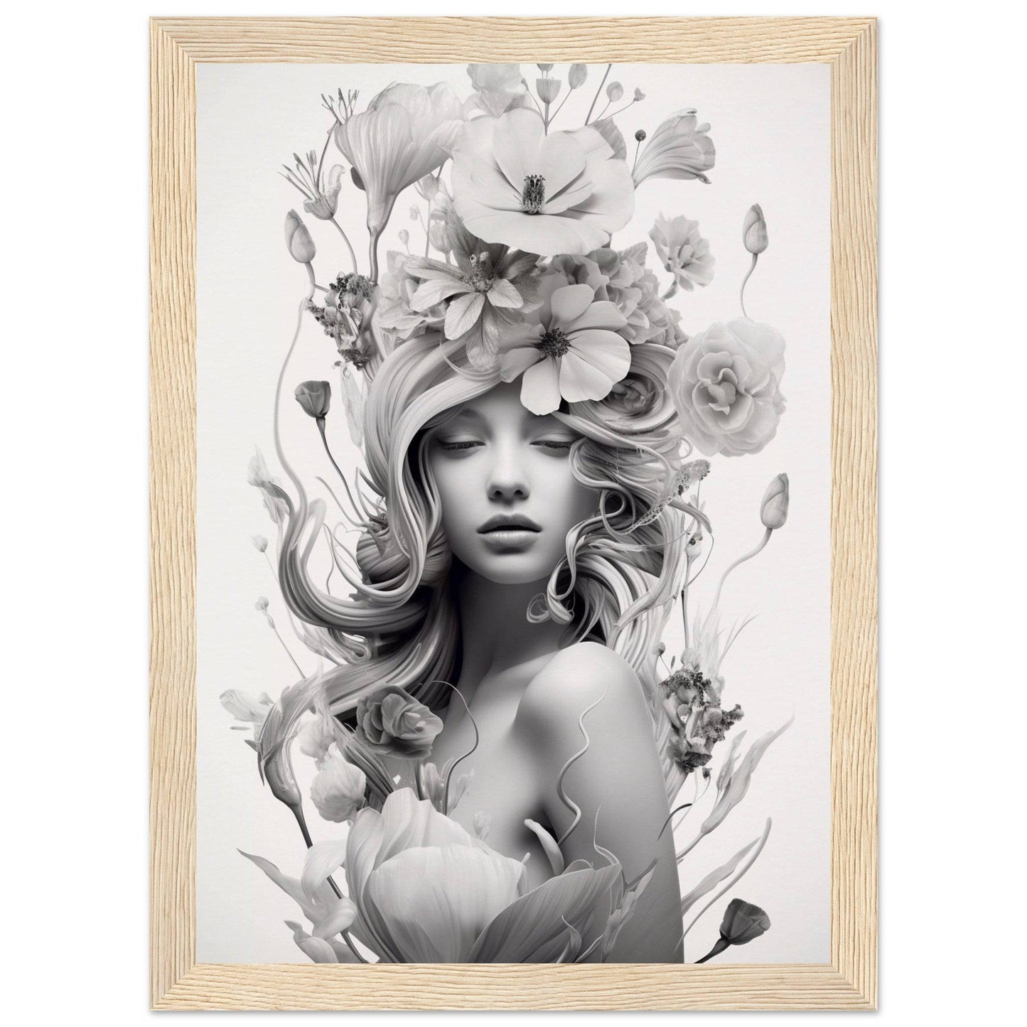 Black and white portrait of a woman with an elaborate floral headdress and hair arrangement.