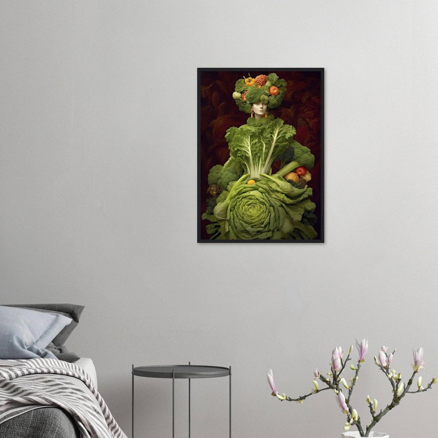 Portrait composed entirely of various vegetables and fruits, creating a surreal human-like figure with a cabbage dress and fruit-adorned head.