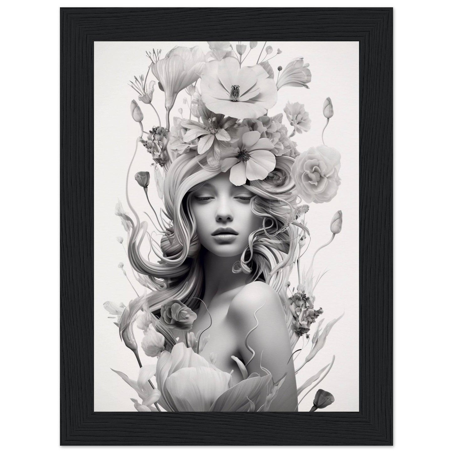 Black and white artistic portrait of a woman with flowing hair adorned with floral elements.