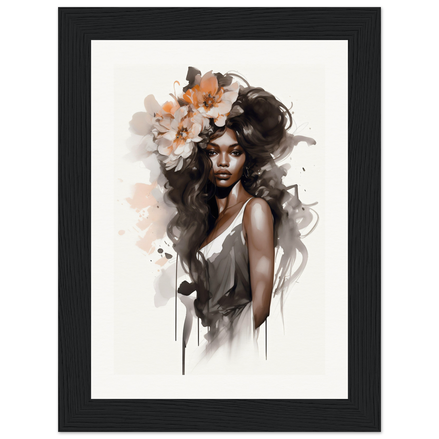 Artistic portrait of a woman with flowers in her hair, rendered in a watercolor-like style.