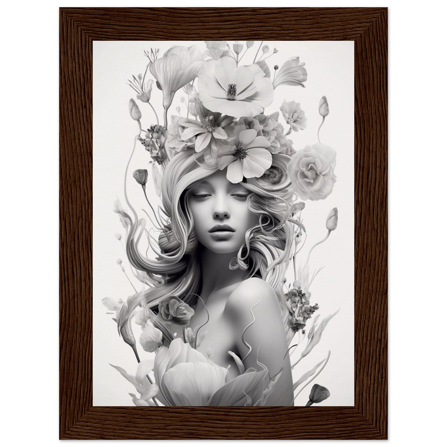 Black and white portrait of a woman with flowing hair adorned with floral elements.