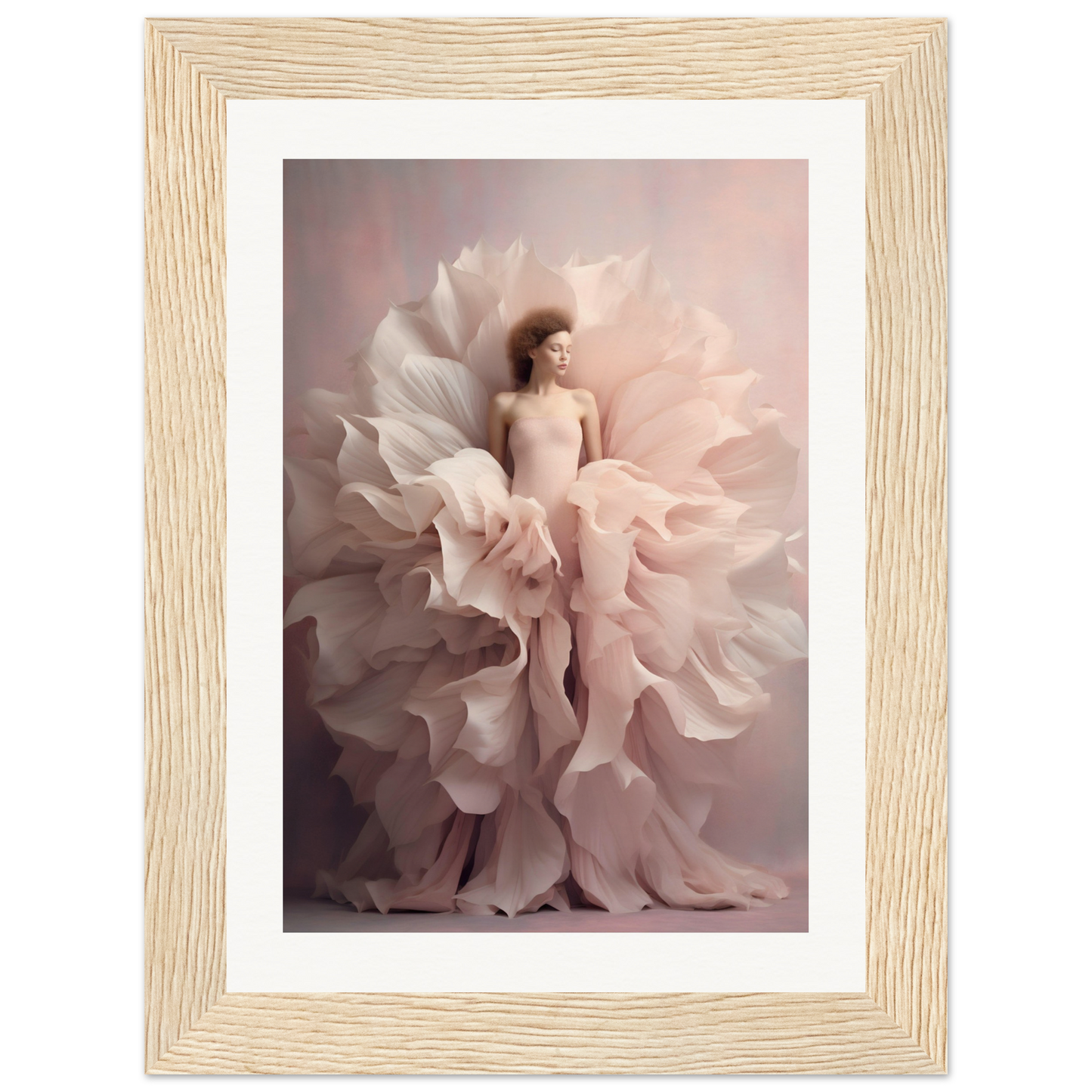Framed photograph of a woman emerging from delicate, petal-like fabric.