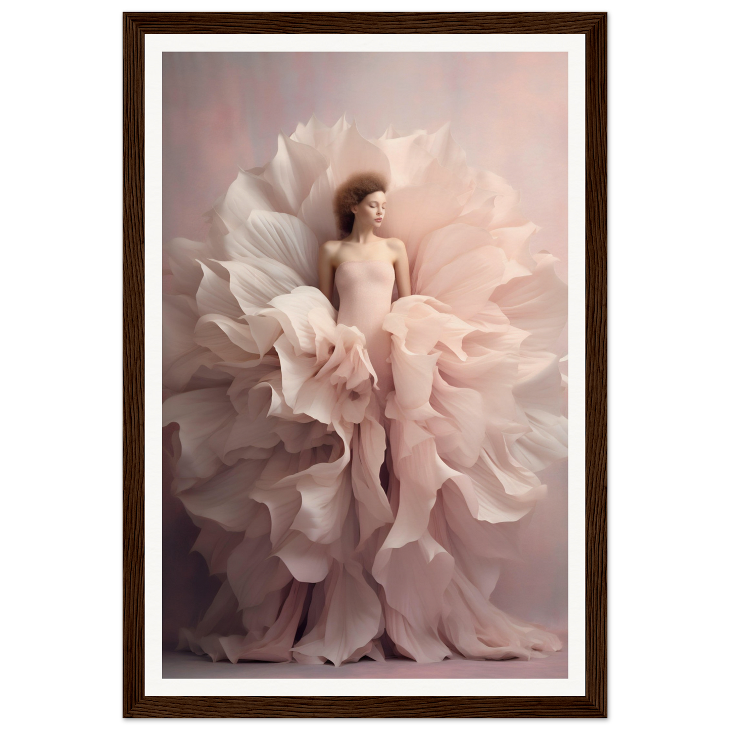 A figure emerging from delicate, petal-like layers of pale pink fabric.