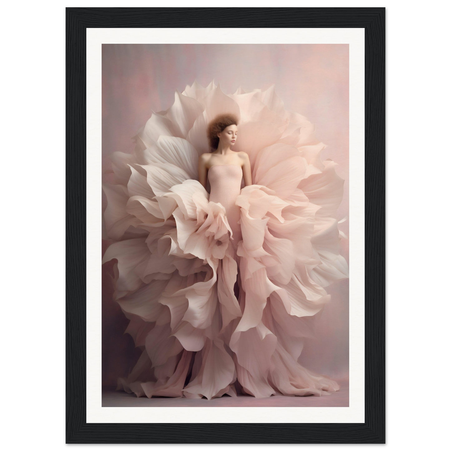 Woman enveloped in billowing, petal-like fabric resembling a blossoming flower.