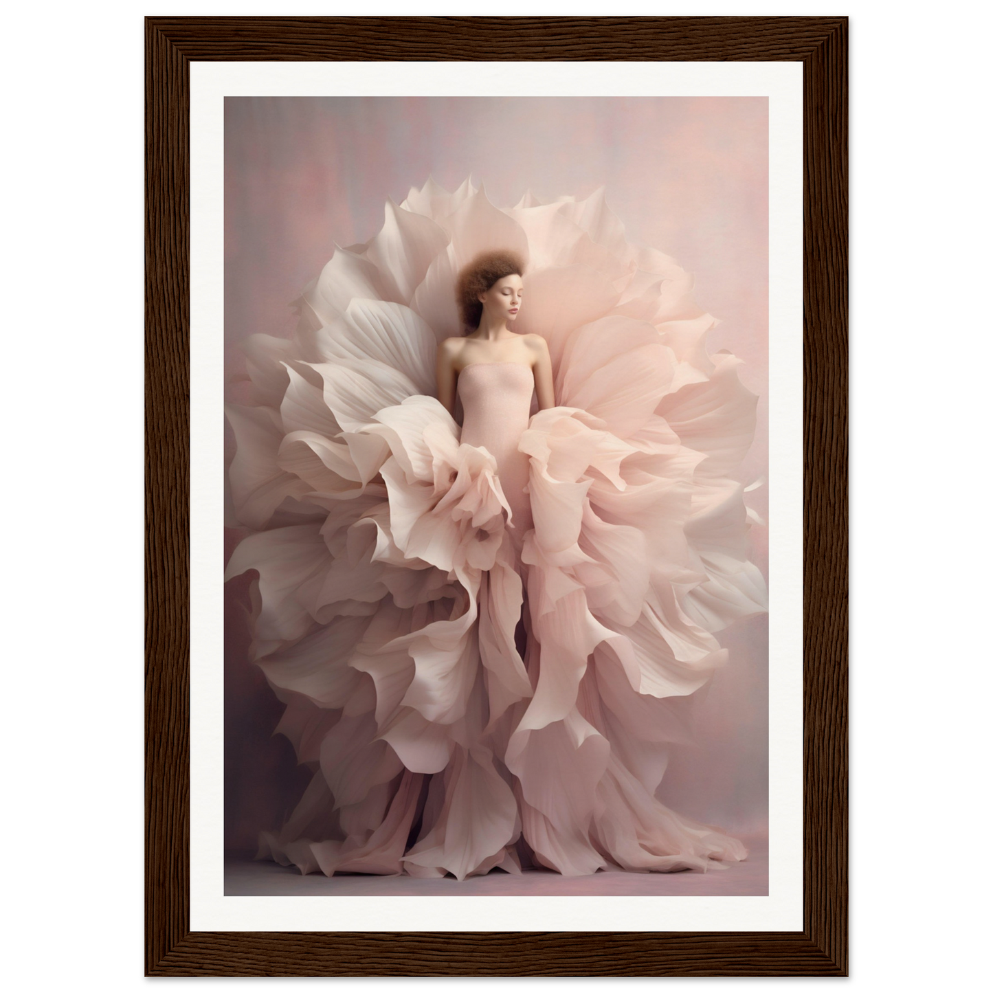 Woman enveloped in billowing, petal-like fabric resembling a blossoming flower.