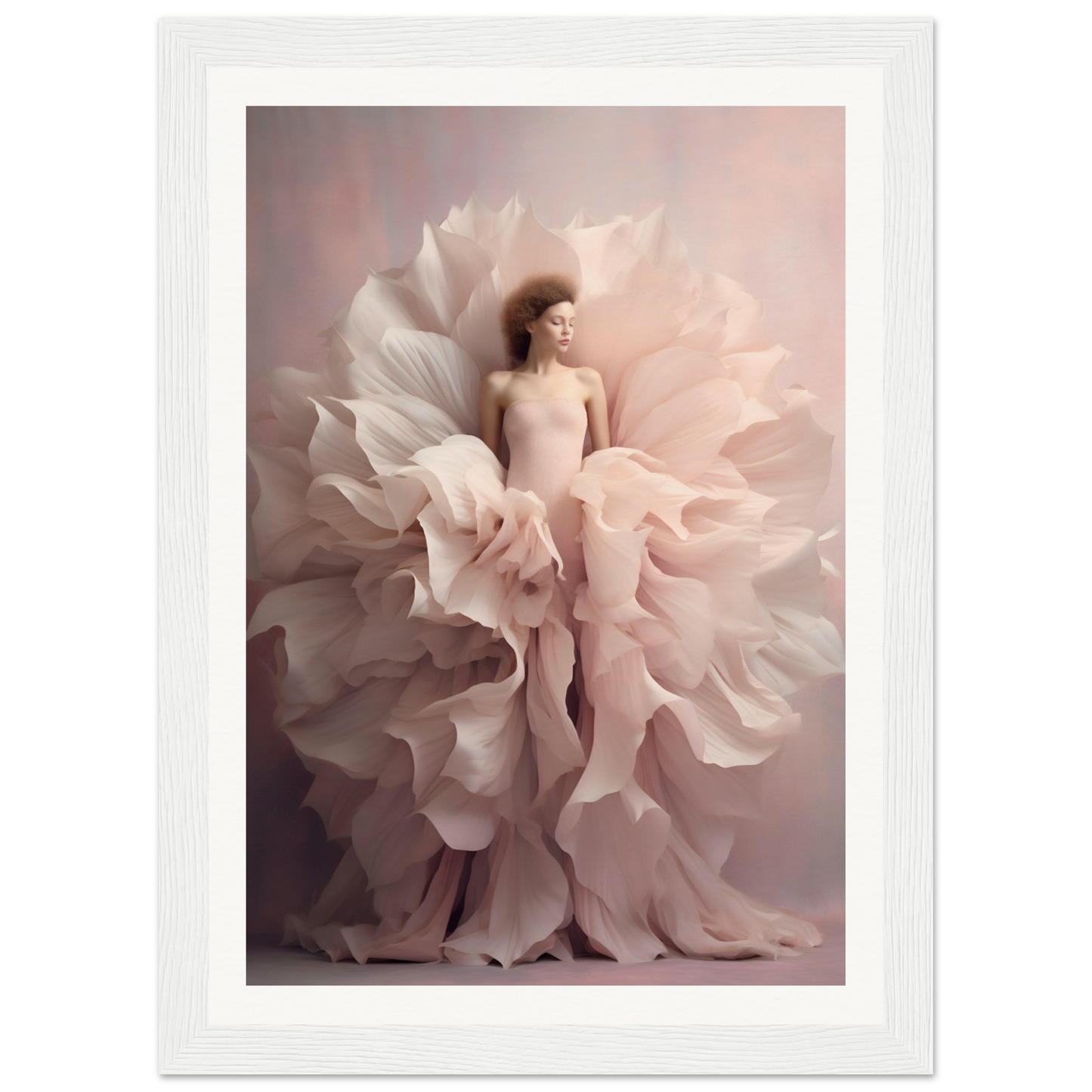 Woman enveloped in billowing, petal-like fabric resembling a blossoming flower.