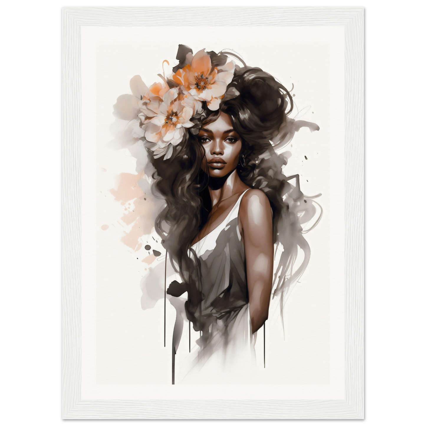 Artistic portrait of a woman with flowers in her hair, rendered in a watercolor-like style.