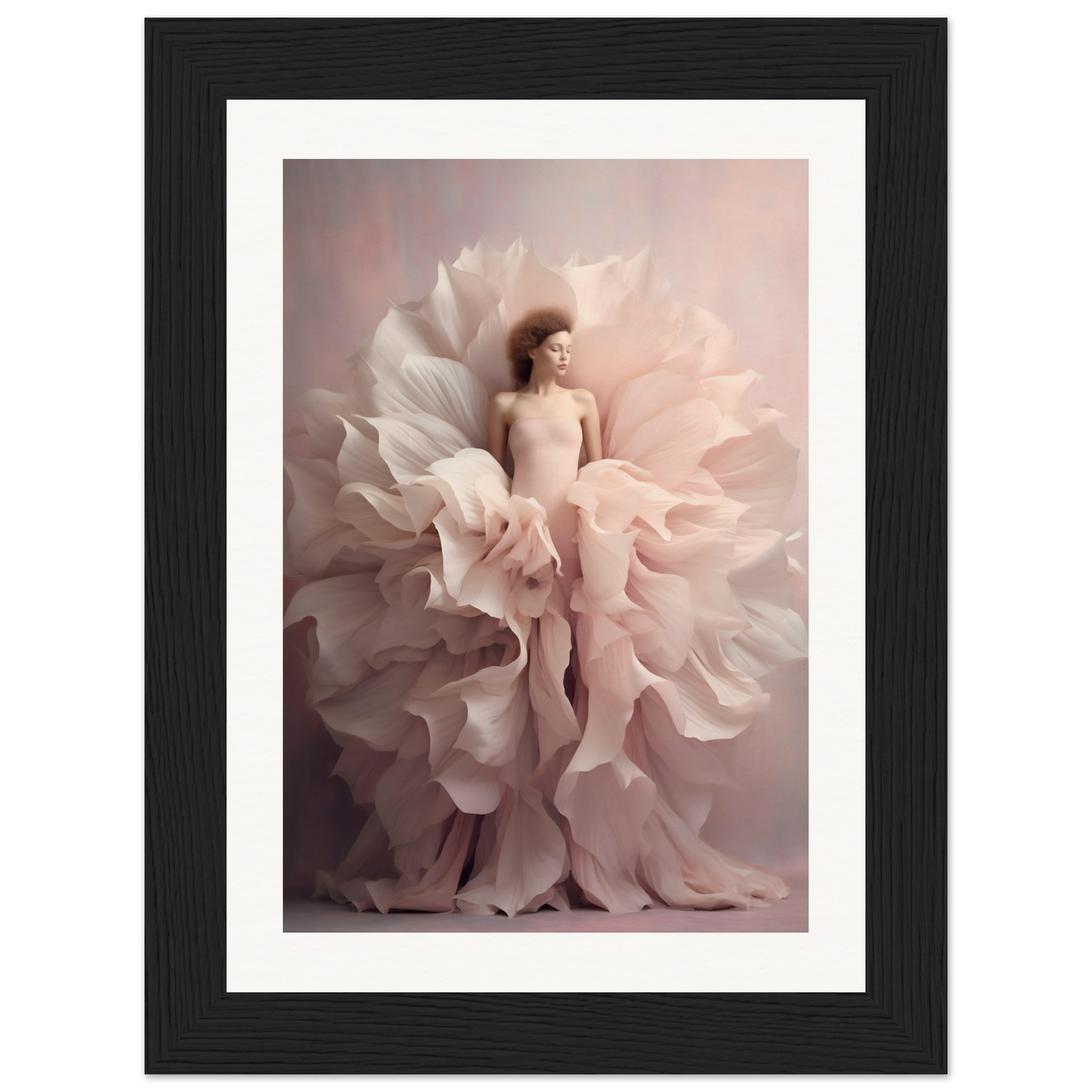 A figure emerging from delicate, petal-like fabric resembling a blooming flower.
