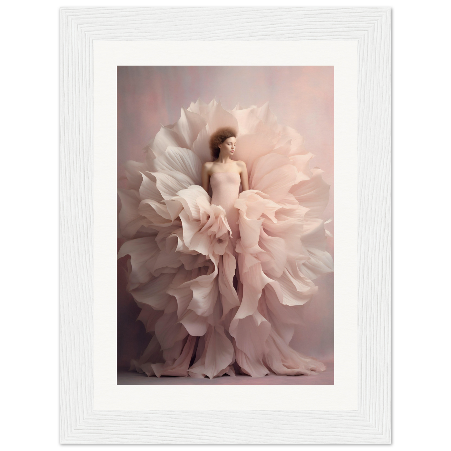 Woman emerging from a blossoming flower-like fabric structure.