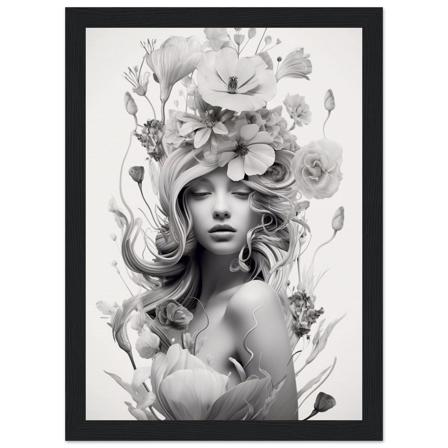 Black and white artistic portrait featuring a woman with elaborate floral headdress and hair styling.