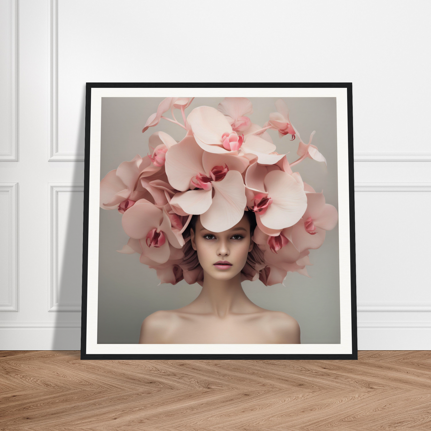 Framed portrait of a person wearing an elaborate orchid headdress.