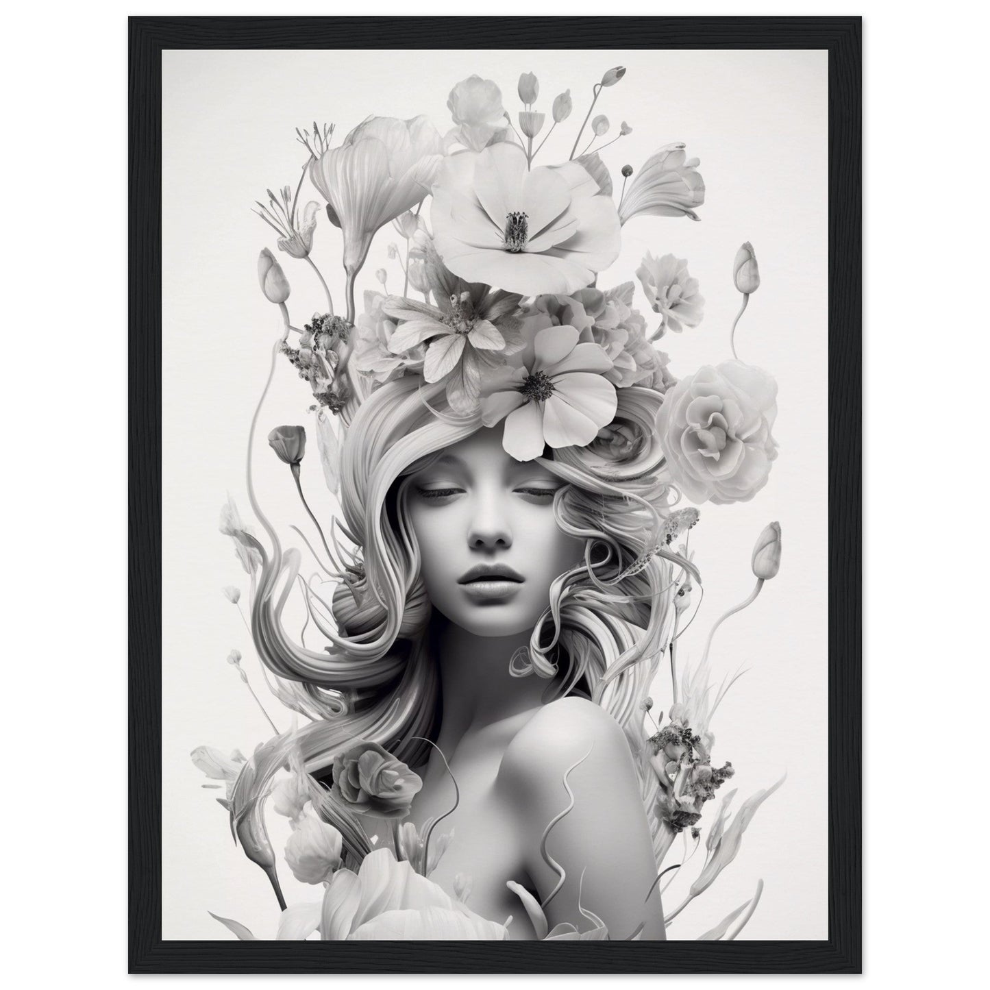 Black and white portrait of a woman with an elaborate floral headdress and flowing hair.