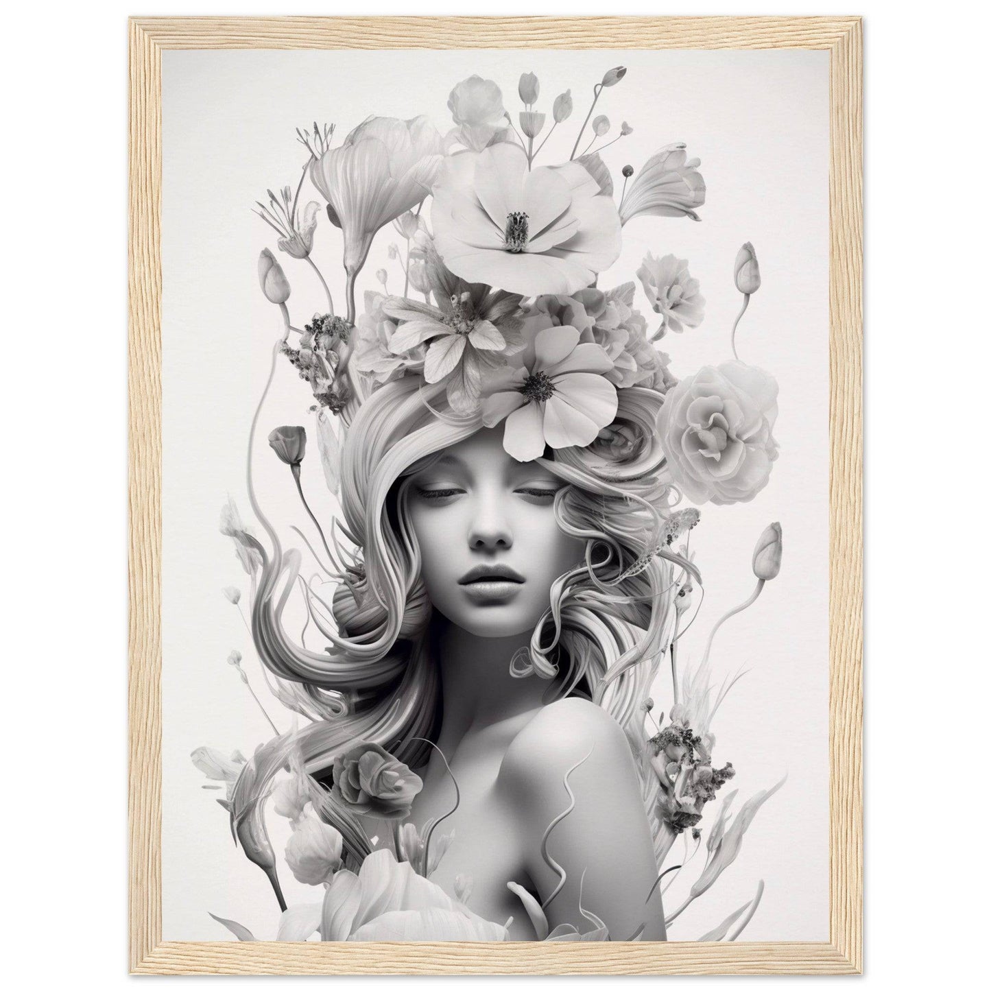 Black and white portrait of a woman with flowing hair adorned by elaborate floral elements.