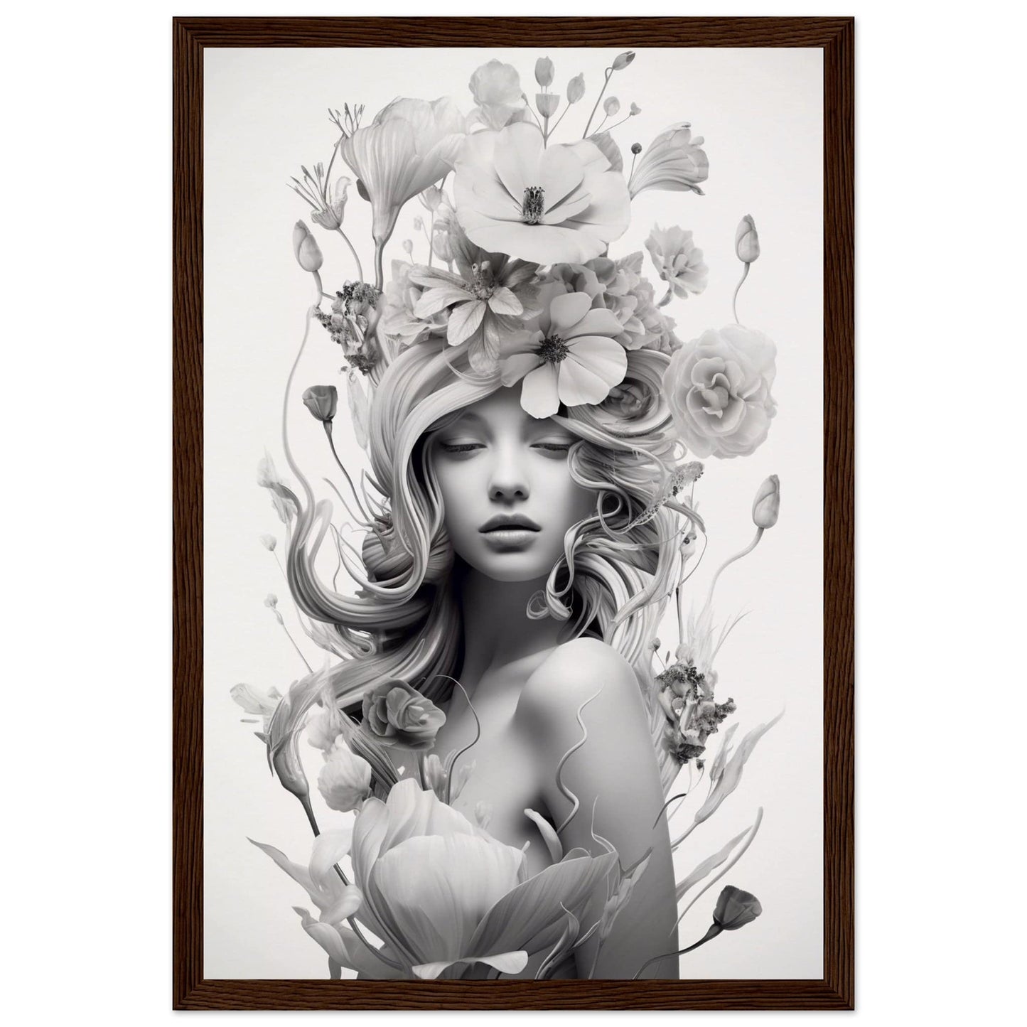 Black and white portrait of a woman with flowing hair adorned with floral elements.