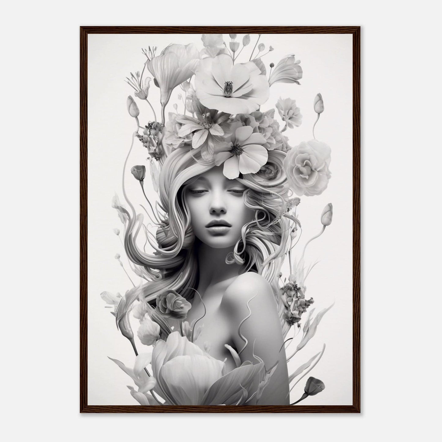 Black and white portrait of a woman with flowing hair adorned with floral elements.