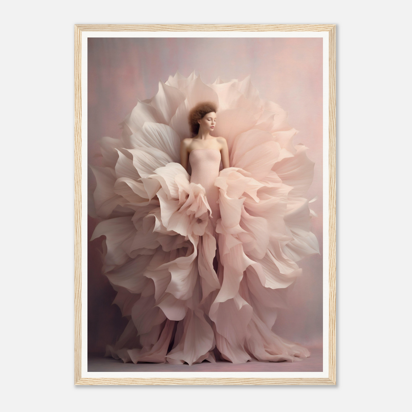 Woman enveloped in billowing, petal-like fabric resembling a blossoming flower.