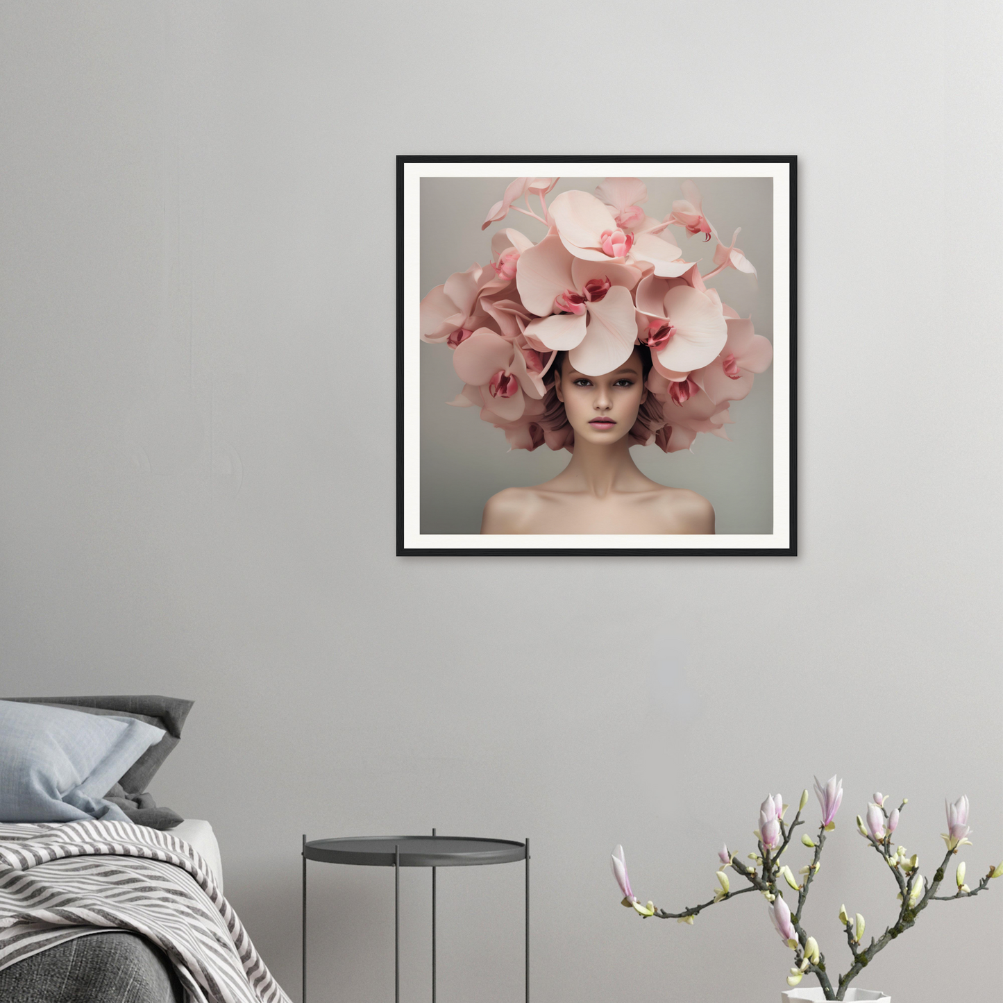 Framed portrait of a person wearing an elaborate pink floral headdress.
