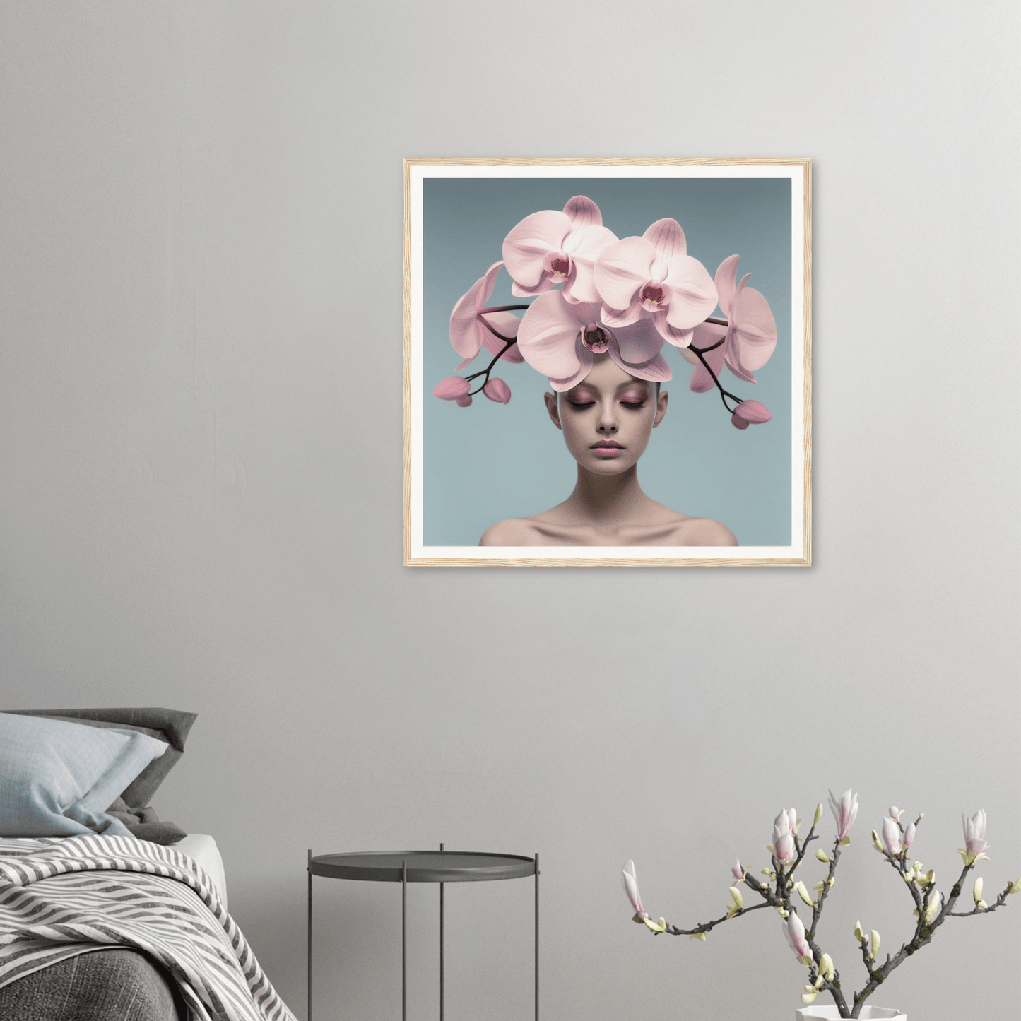 Framed portrait of a person wearing a headdress made of pink orchids.