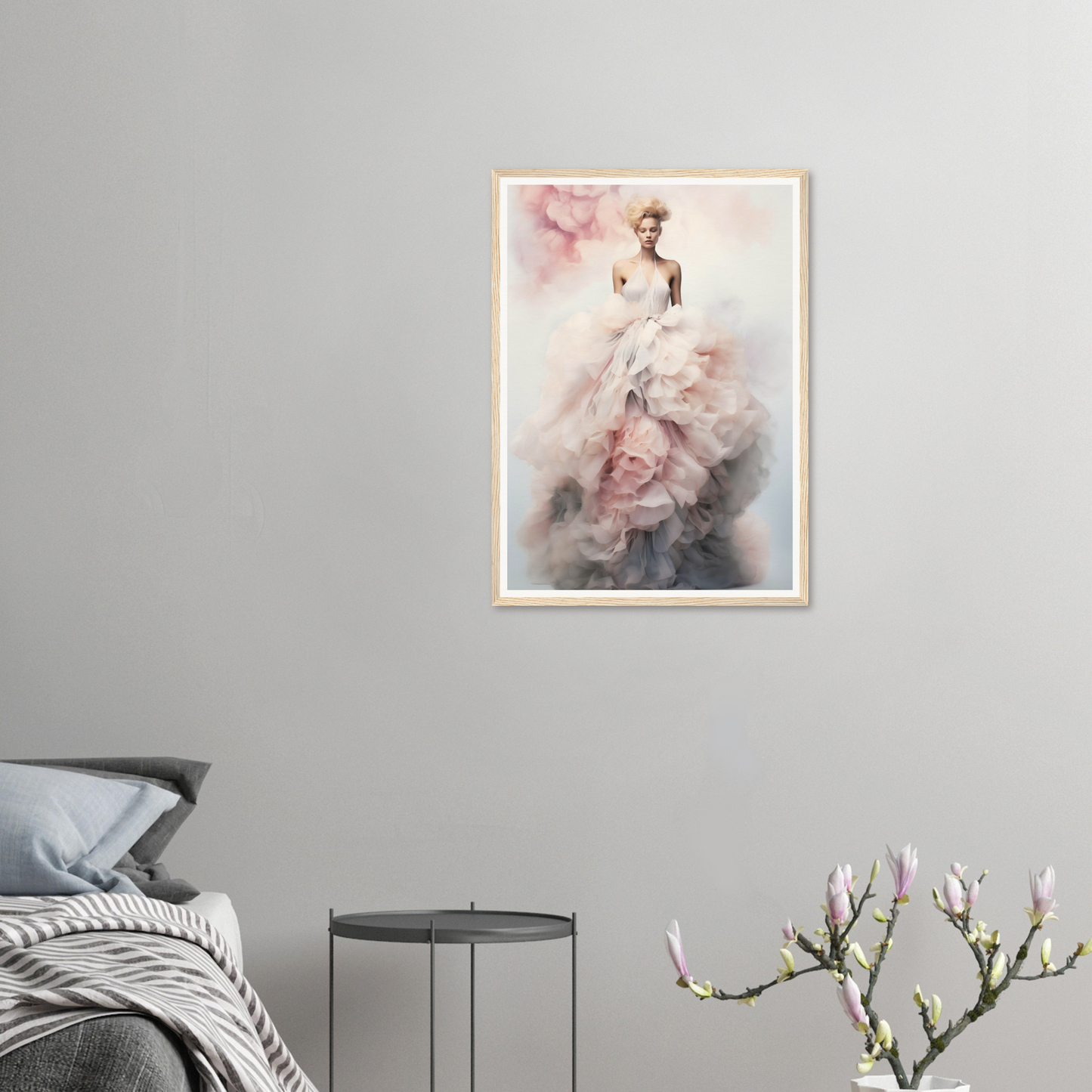 Framed artwork depicting an ethereal figure in a flowing, pale dress against a soft, misty background.
