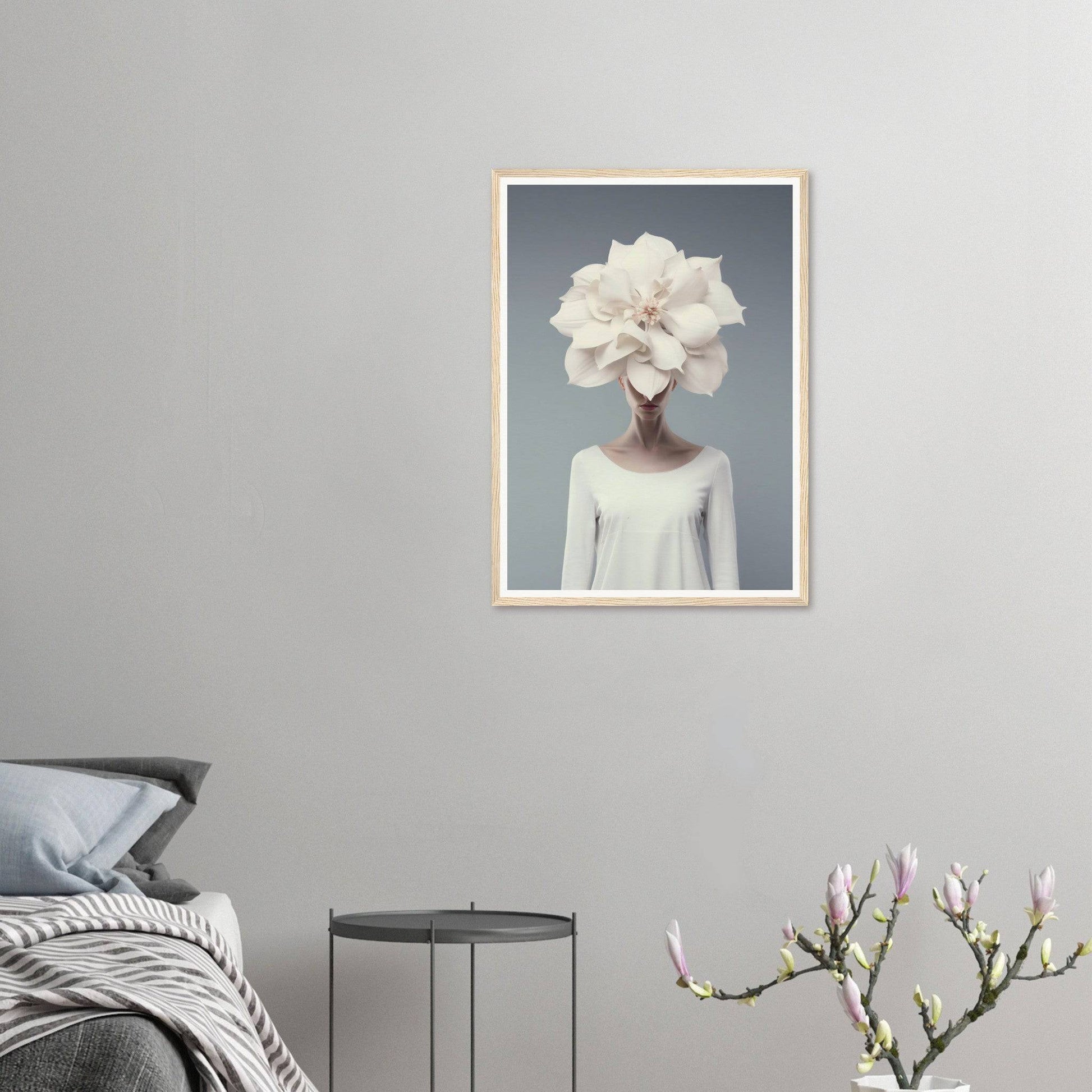 Framed surrealist artwork depicting a figure with a large white flower in place of their head.