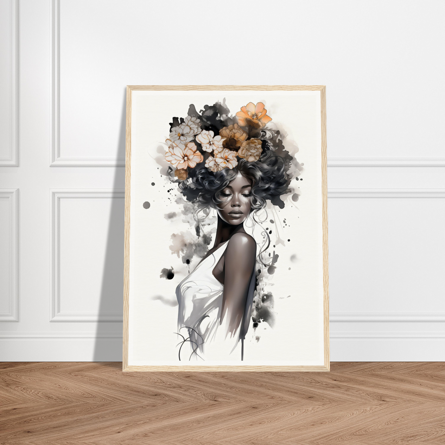 A black woman with flowers on her head, perfect for my Original Ouplence The Oracle Windows™ Collection wall poster.