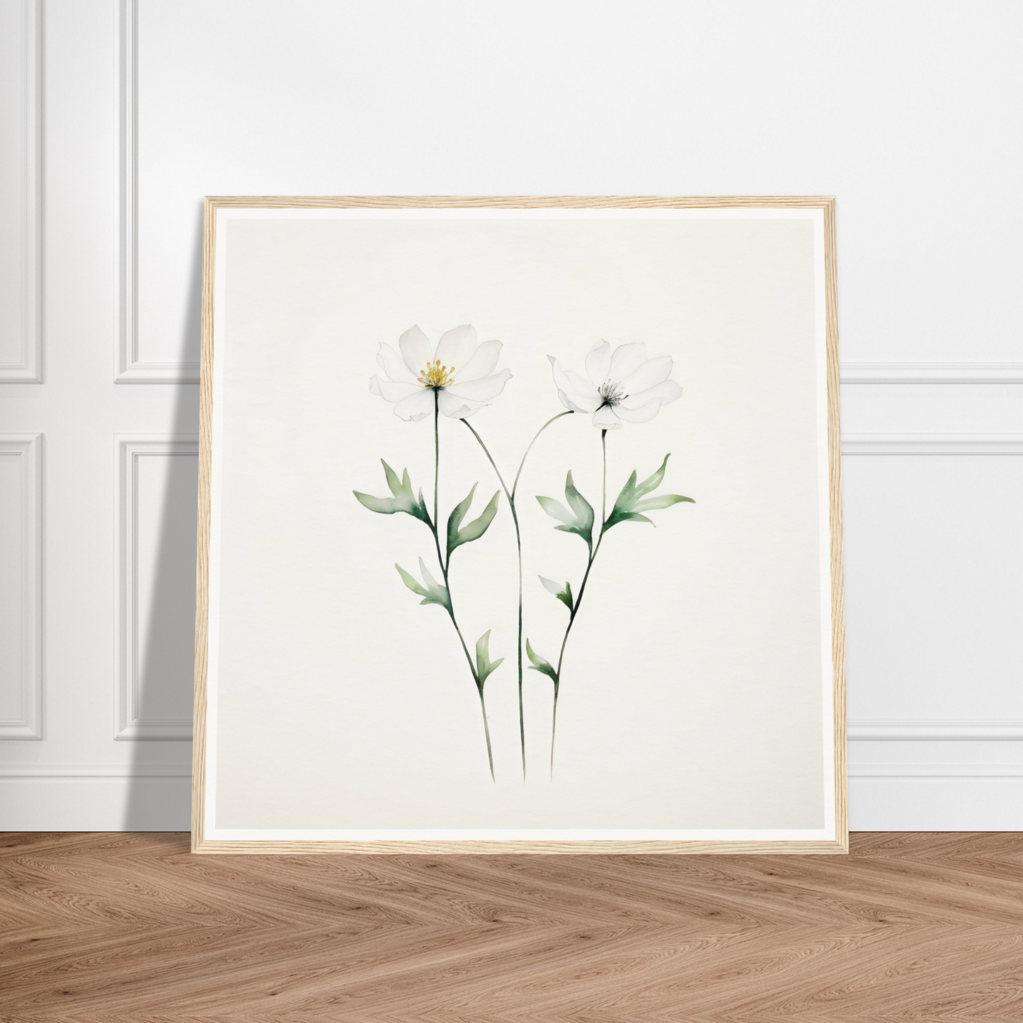 Framed watercolor painting of two delicate flowers with stems and leaves.