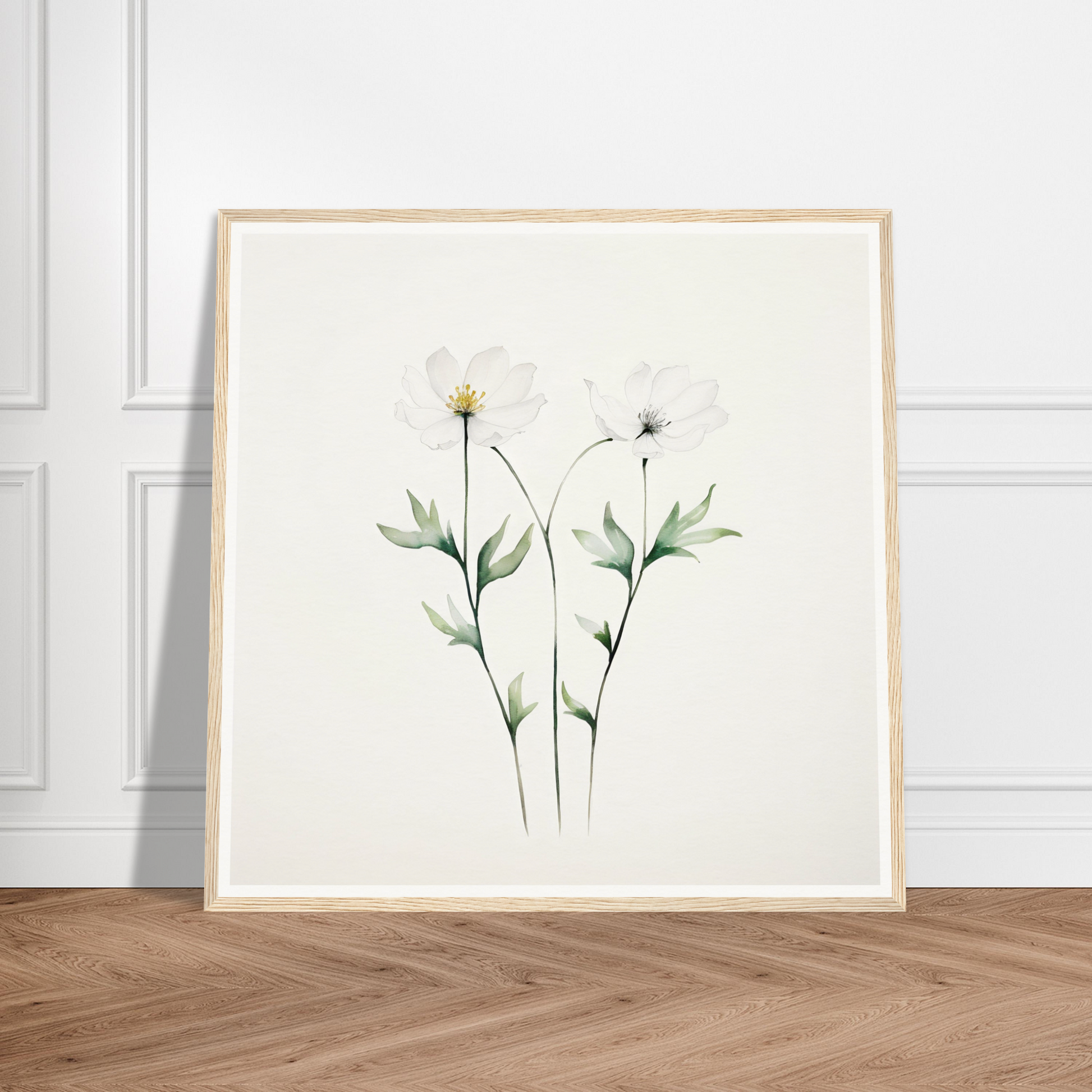 Framed watercolor painting of two delicate flowers with stems and leaves.