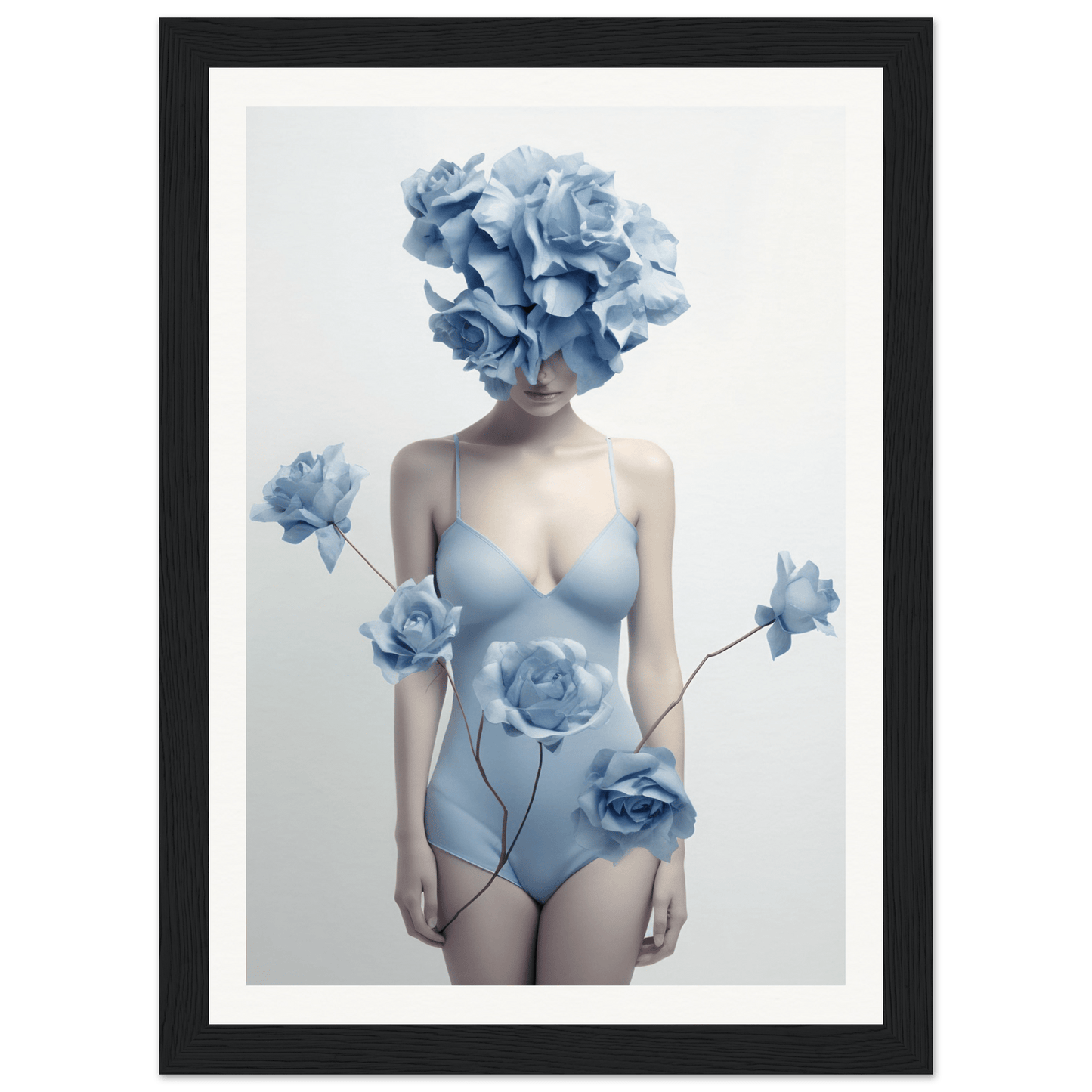 Surreal figure with a body composed of pale skin and blue floral elements.