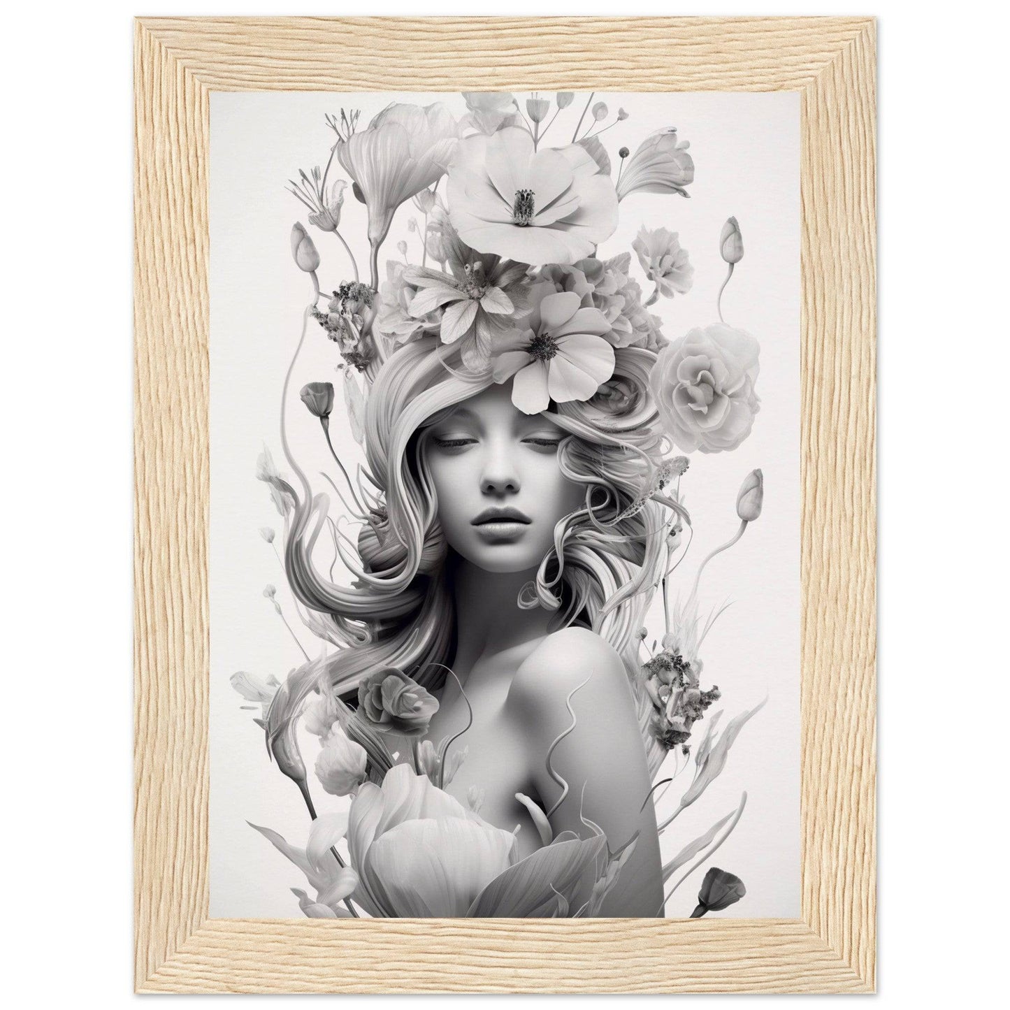 Framed black and white portrait of a woman with flowing hair adorned with floral elements.